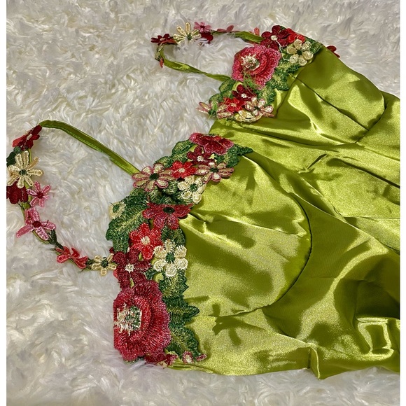 NWT lime satin flower chain strap chartreuse mini bustier embroidered slip dress - Picture 12 of 13